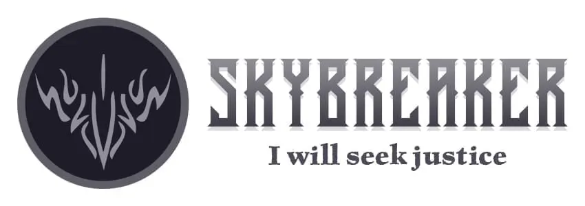 A heading placard to the Order of Skybreakers. It shows the symbol of the Skybreakers, with the word Skybreaker. Underneath the word, the placard says 'I will seek justice'.