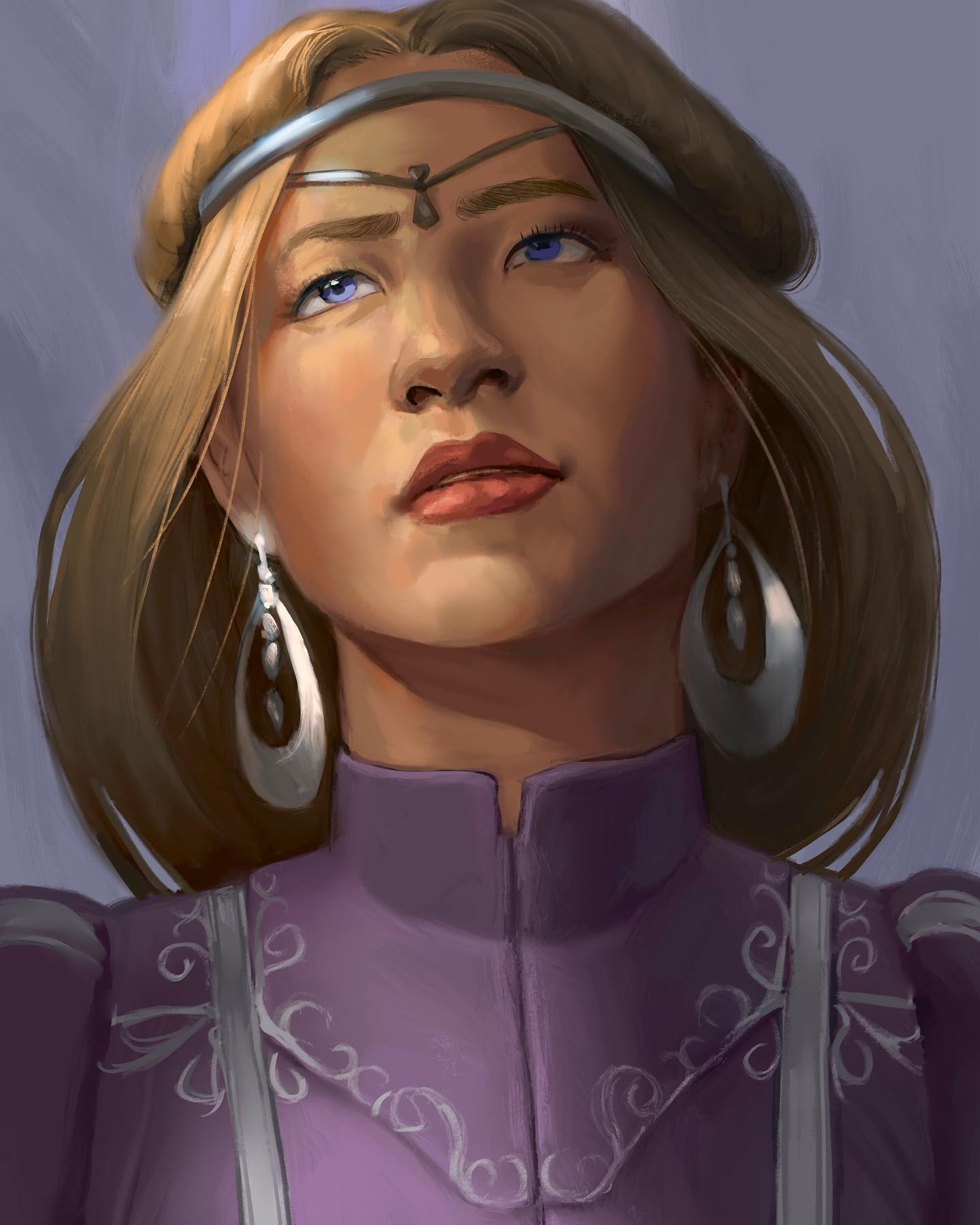 A medium close-up picture of Battar looking towards the sky. She looks Alethi, has blue eyes, and shoulder length golden brown hair. She wears a silver circlet, as well as silver, dangling, looped earrings. She is wearing a purple tunic with silvery embroidery around the neckline.