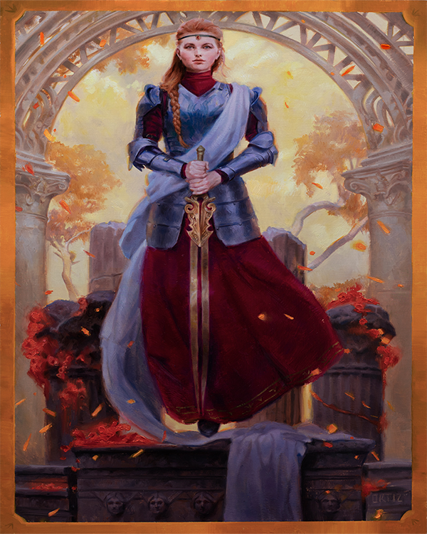 A full body depiction of the Herald Chanarach. She appears shin, with lighteyes and red hair. He has on simple armore and stands with a straight back, holding her Honorblade in front of her with both hands on the pommel and the point straight down.