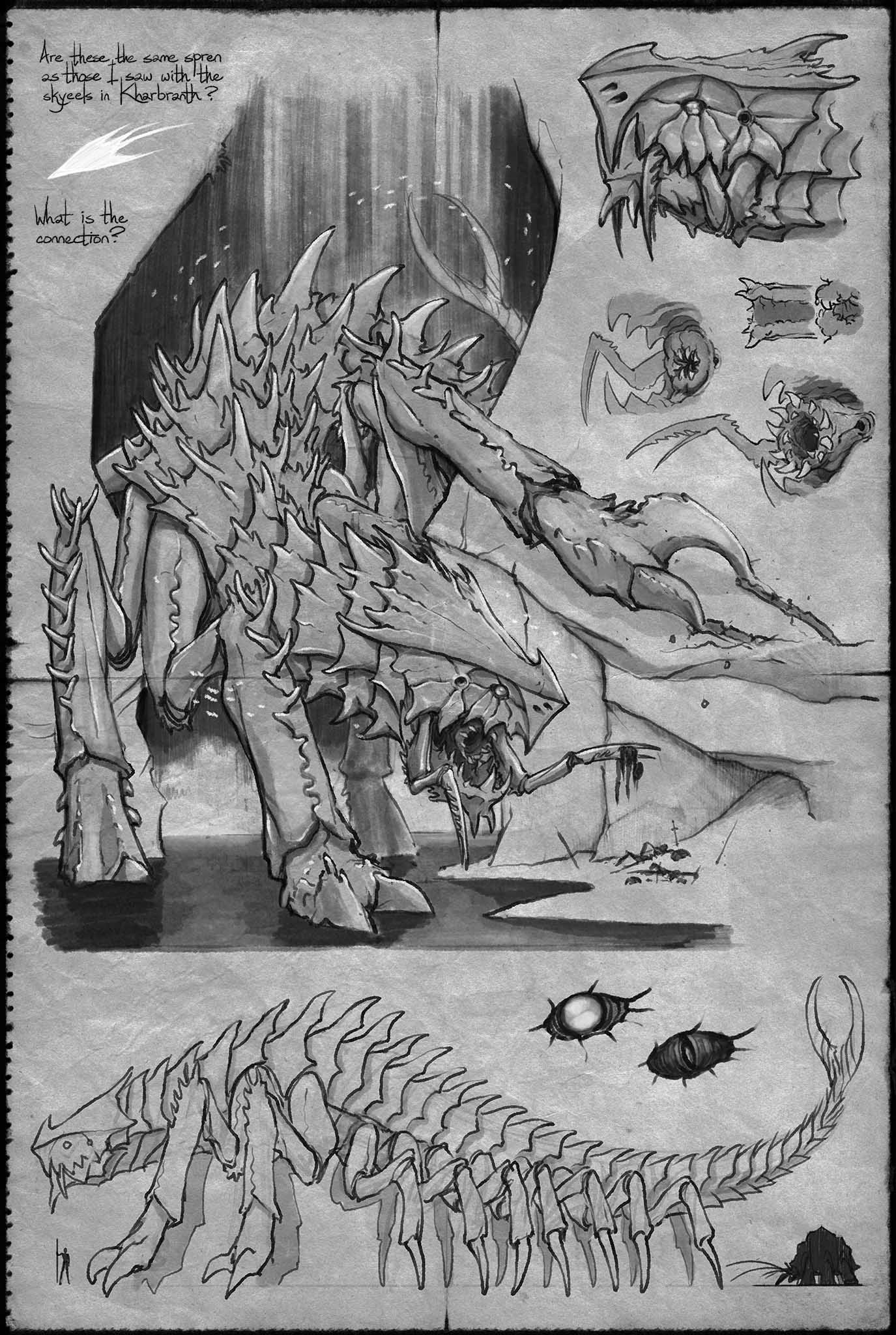 A depiction of a chasmfiend from Shallan Davar's sketchbook.