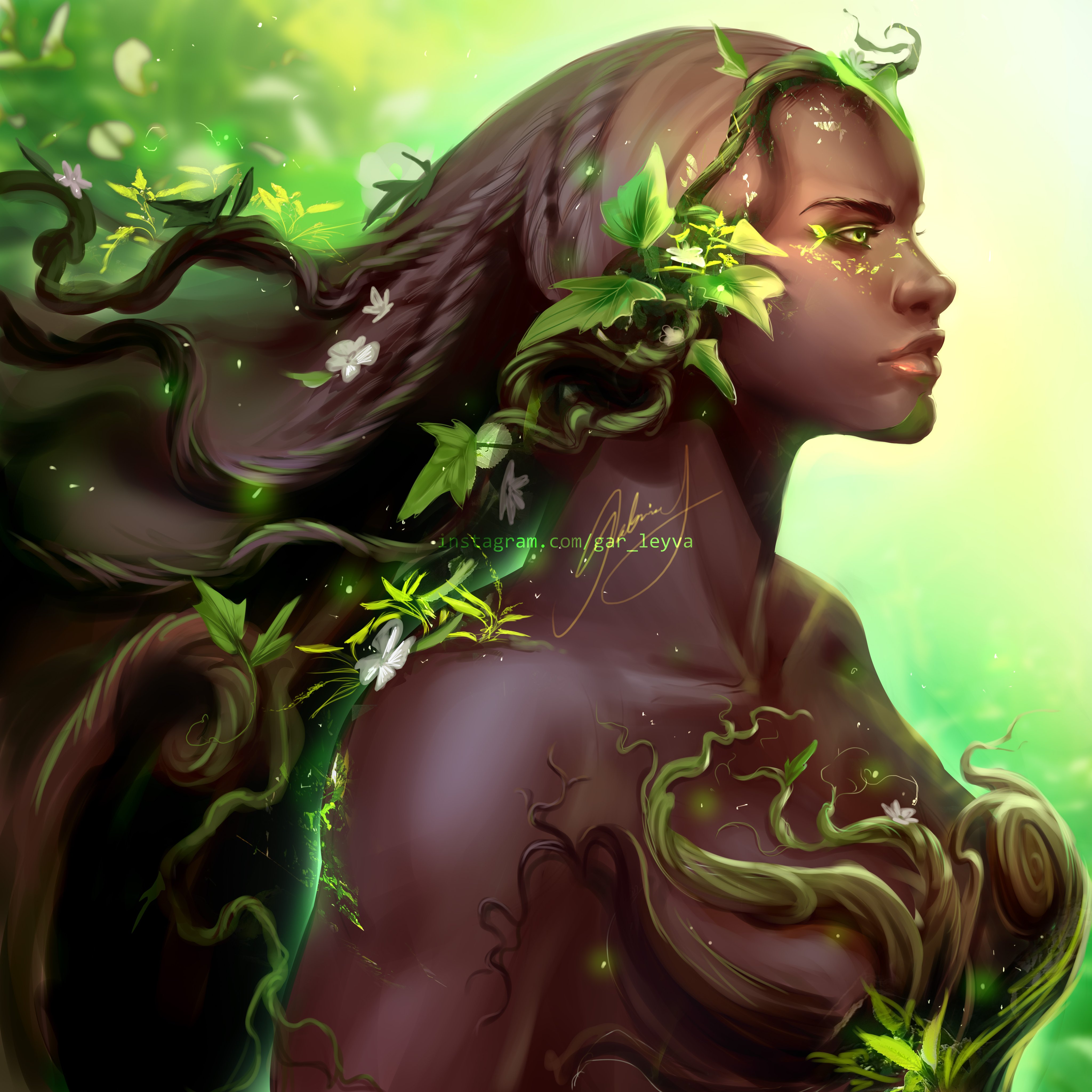 A depiction of Cultivation. She looks towards the right of the image, half her face visible. She is in a human form, with dark Makabaki skin. She wears a dress of foliage, leaves and vines, that also intertwine with her hair.