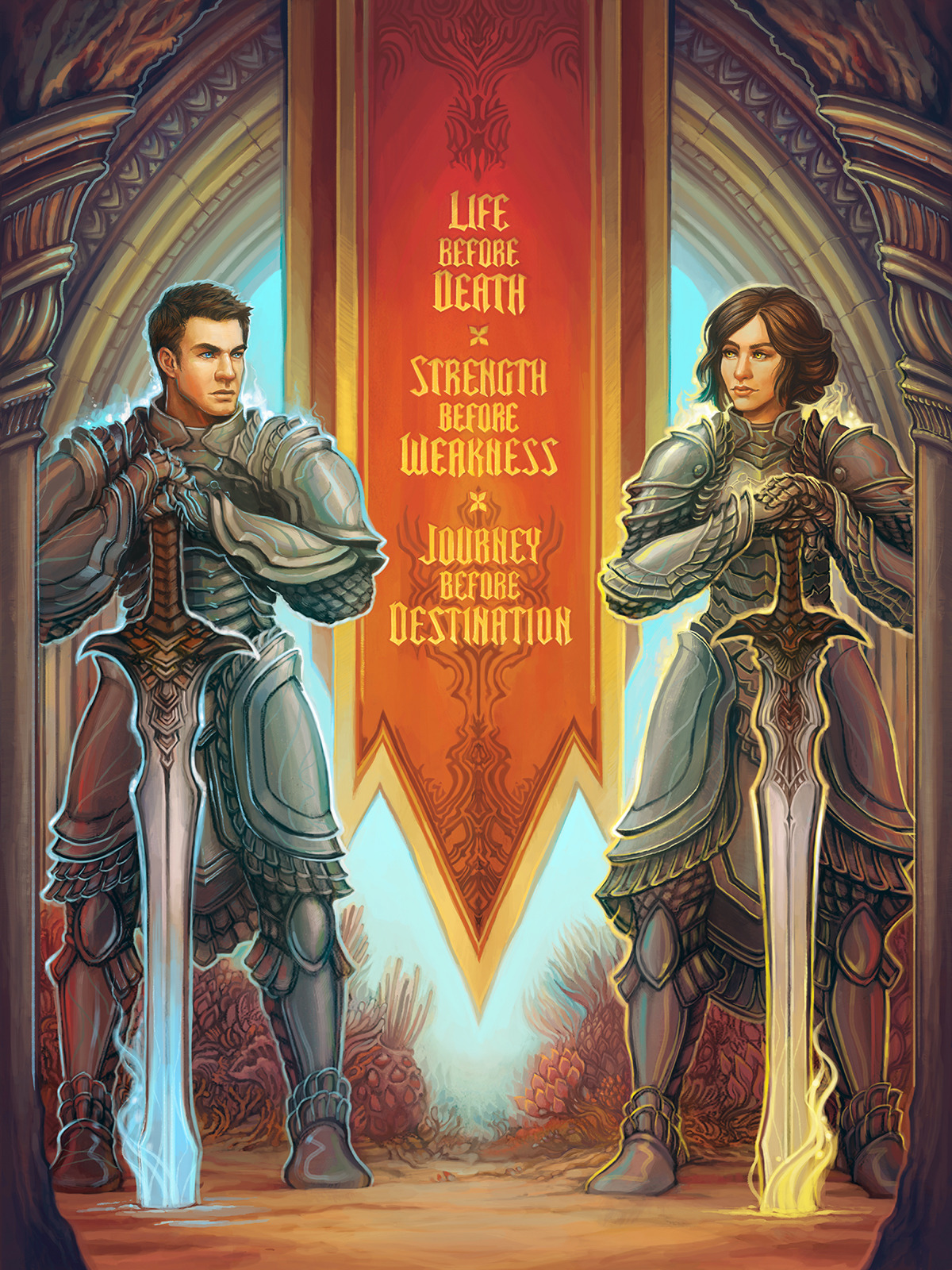 Two unknown Knight Radaint, clad in shardplate and holding their shardblades stand at rest in front of a banner that displays the first Oath of the Knights: Life before Death, Strength before Weakness, Journey before Destination.