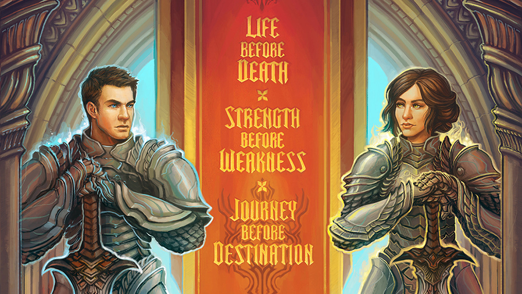 Two unknown Knight Radaint, clad in shardplate and holding their shardblades stand at rest in front of a banner that displays the first Oath of the Knights: Life before Death, Strength before Weakness, Journey before Destination.