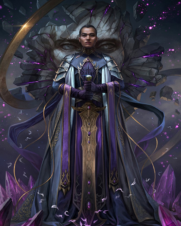 A full body shot of Kalak. He is standing at attention, with his Honorblade held in front of him with the blade facing downwards and two hands on the pommel. He is standing among purple crystals, with small purple orbs floating around him. He looks Alethi, with dark eyes. His hair is short, almost bald. He wears flowing robes of purple and silver.