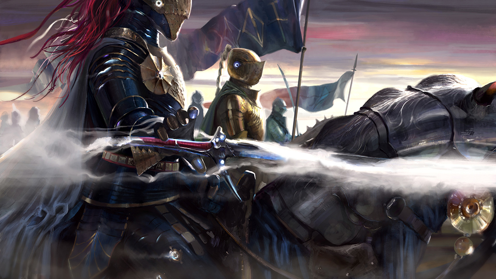 An unknown Knight Radiant riding a horse from a time long gone summons their shardblade. The blade is forming from mist.