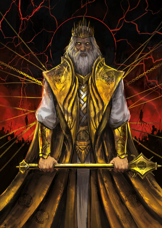 A depiction of Odium being held by Rayse. He has long grey-white hair and a long beard of the same color. He wears a golden tunic, with white sleeves and a white sash that hangs at his waist. He holds an golden mace with both hands. He is standing in front of a red and black sky, with red lighting shooting from a red halo that surrounds his head.