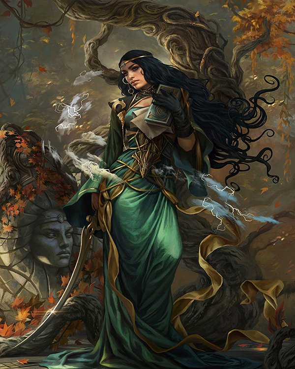 A full body depiction of the Herald Pailiah. She appears Alethi, with dark eyes and dark hair. She is wearing an ornate gown of green with golden ornamentation, and a golden circlet with a green gemstone on her head. She holds her Honorblade in her right hand, point facing down and to the left, in her right hand she holds a bundle of books and papers to her chest. She stands in front of a twisting tree, standing in front of a stone carving of herself. Autumnal colored leaves litter the stone ground at her feet.