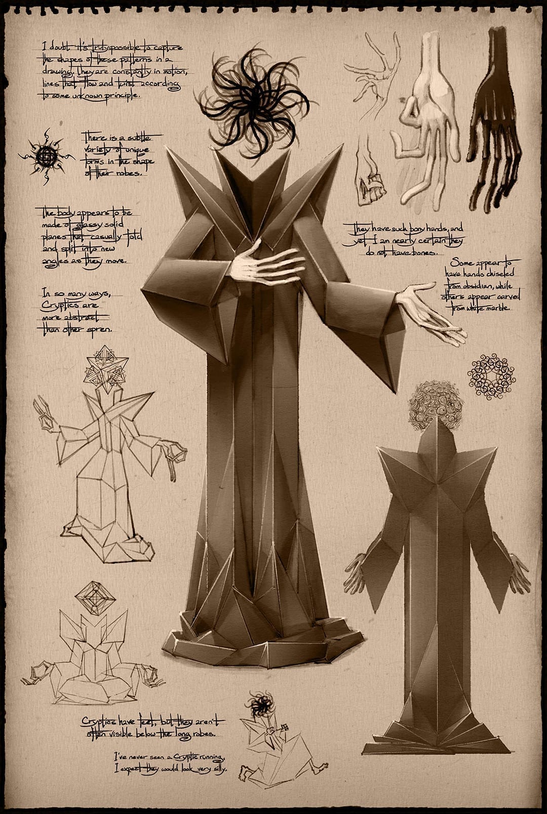 A sketch from Shallan Davar's in world sketchbook. It depicts cryptics in the Cognitive Realm, aka Shadesmar. In Shadesmar, cryptics take the form of tall, willowy figures in too-stiff robes that hang off them as if made from glass rather than fabric. Above their collars, where a human's head and face would be, they have a floating symbol full of impossible angles and geometries. Different individuals have slightly different head patterns.