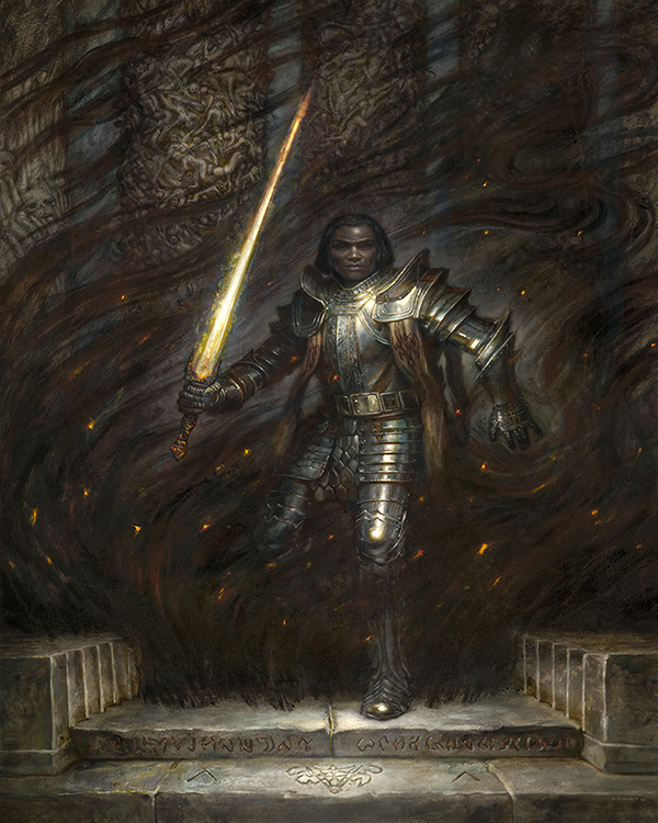 A full body depiction of the Herald Talenel. He is clad in full armor, weilding his Honorblade in one hand, looking as though he is ready to strike. He is emerging from swirling darkness and flames onto stone steps. He looks Makabaki, and is dark eyed. 