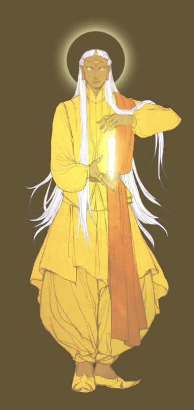 A depiction of Honor. He has waist length white hair, glowing white eys and his head is surrounded by a golden halo. His robes are yellow with a orange sash hanging off his shoulder.