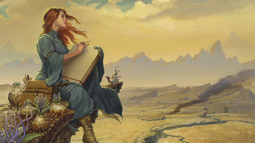 Shallan Davar has her sketchpad and is sitting atop a cliff looking out upon the Shattered Plains.