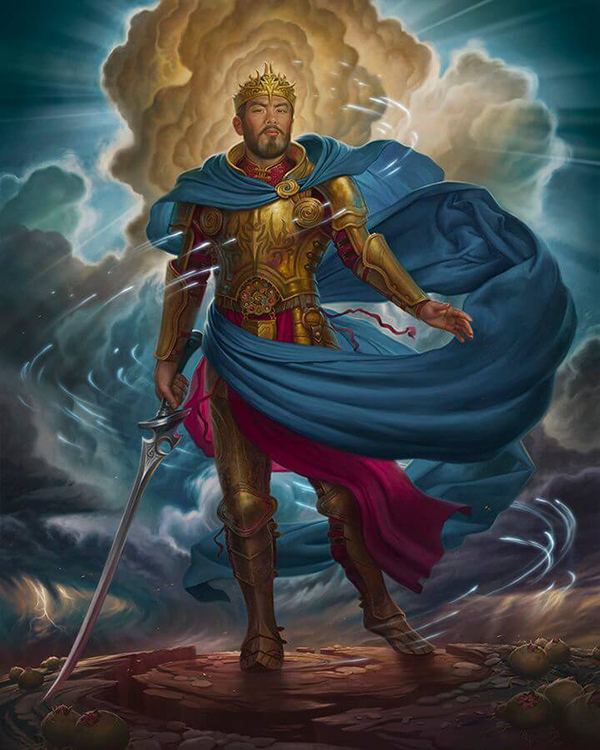 A full body depiction of Herald Jezrien. He appears Alethi, with dark eyes and a light brown beard. He is clad in golden armor, with a brilliant blue cape swirling about him. He holds his Honorblade in one hand, tip pointing towards the ground as he strides forward. He stands on stone, with a strom raging behind him.