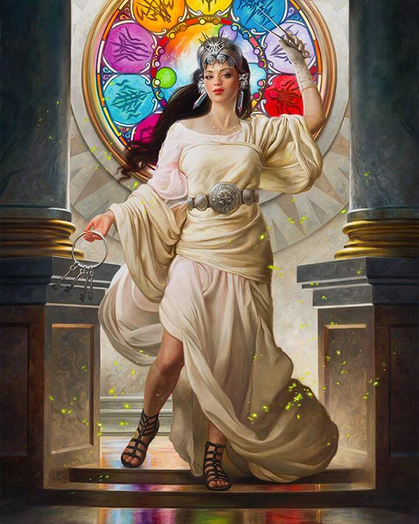 A full body depiction of the Herald Vedel. She appears Alethi, with dark eyes and dark hair. She wears a simple but elegant white and flowing robe. She holds a keyring in he right hand and a pair of shears in her left. She is walking towards the viewer down reelctive stone steps, with a stained glass window behind her depicting the symbols of the ten Orders.