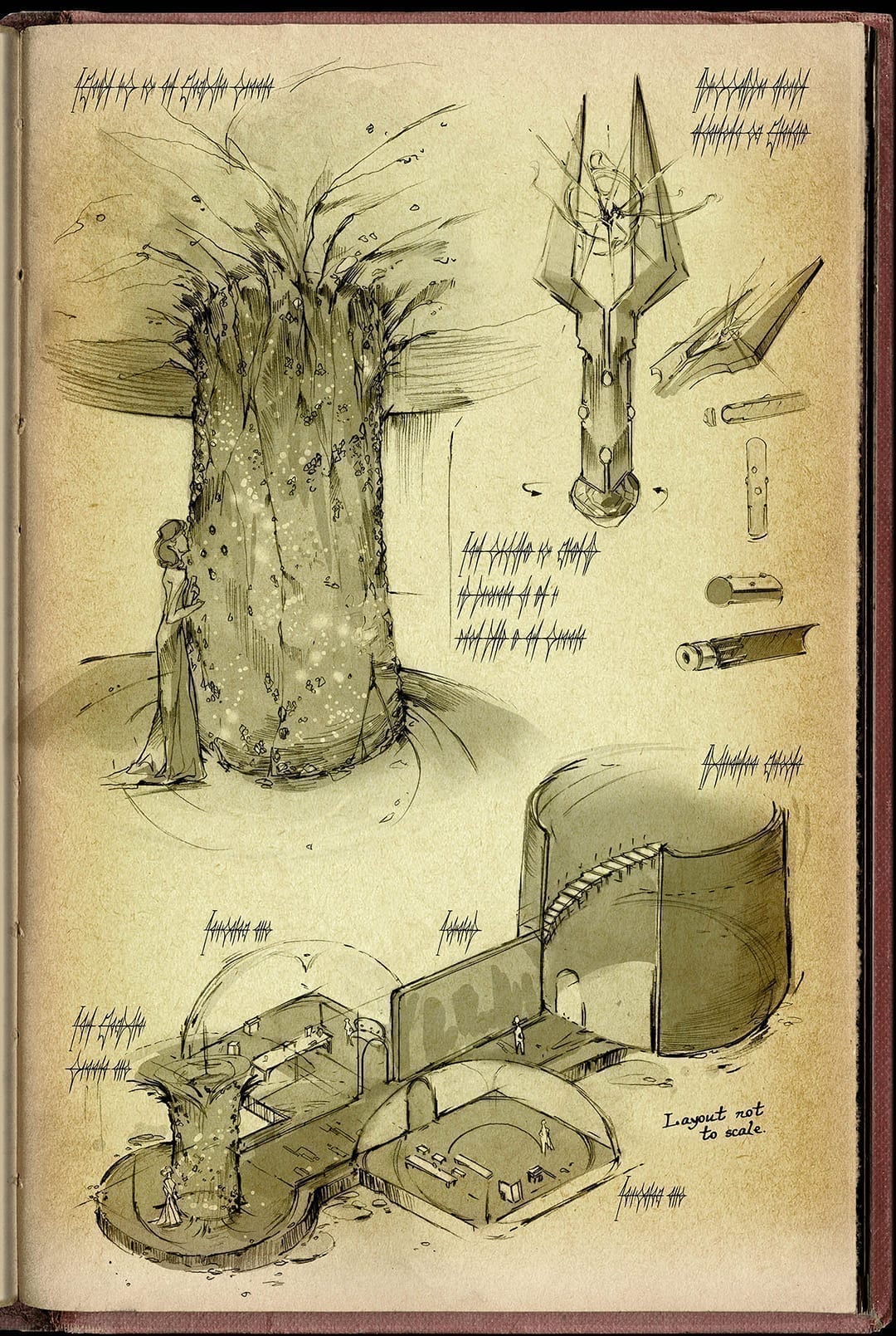 A page from Navani Kholin's Journal. It shows a depiction of the crystal pillar in the heart of Urithiru where the Sibling resides, since they have no physical form. The writing on the page is the Alethi women's script.